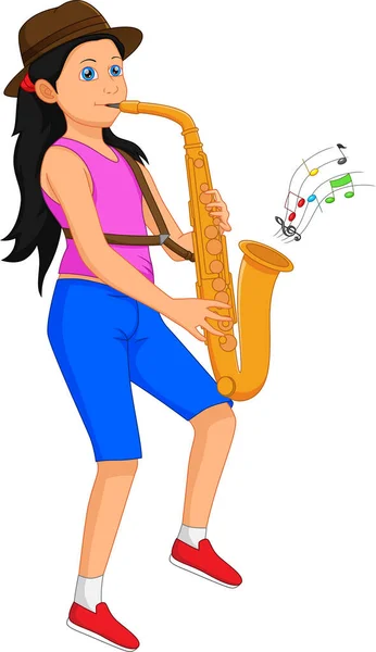 Roztomilý Dívka Hraje Saxofon Karikatura — Stockový vektor