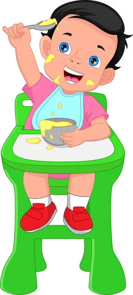Niedlicher Kleiner Junge Isst Auf Einem Stuhl — Stockvektor