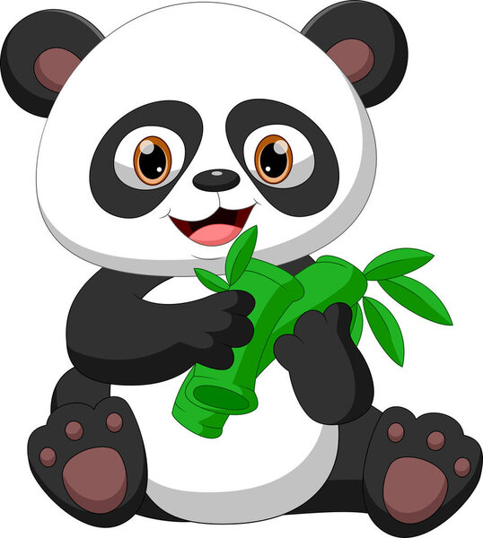 Cartoon baby panda eating bamboo