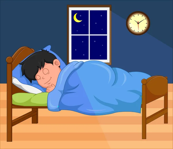 卡通男孩晚上睡在卧室里 — 图库矢量图片