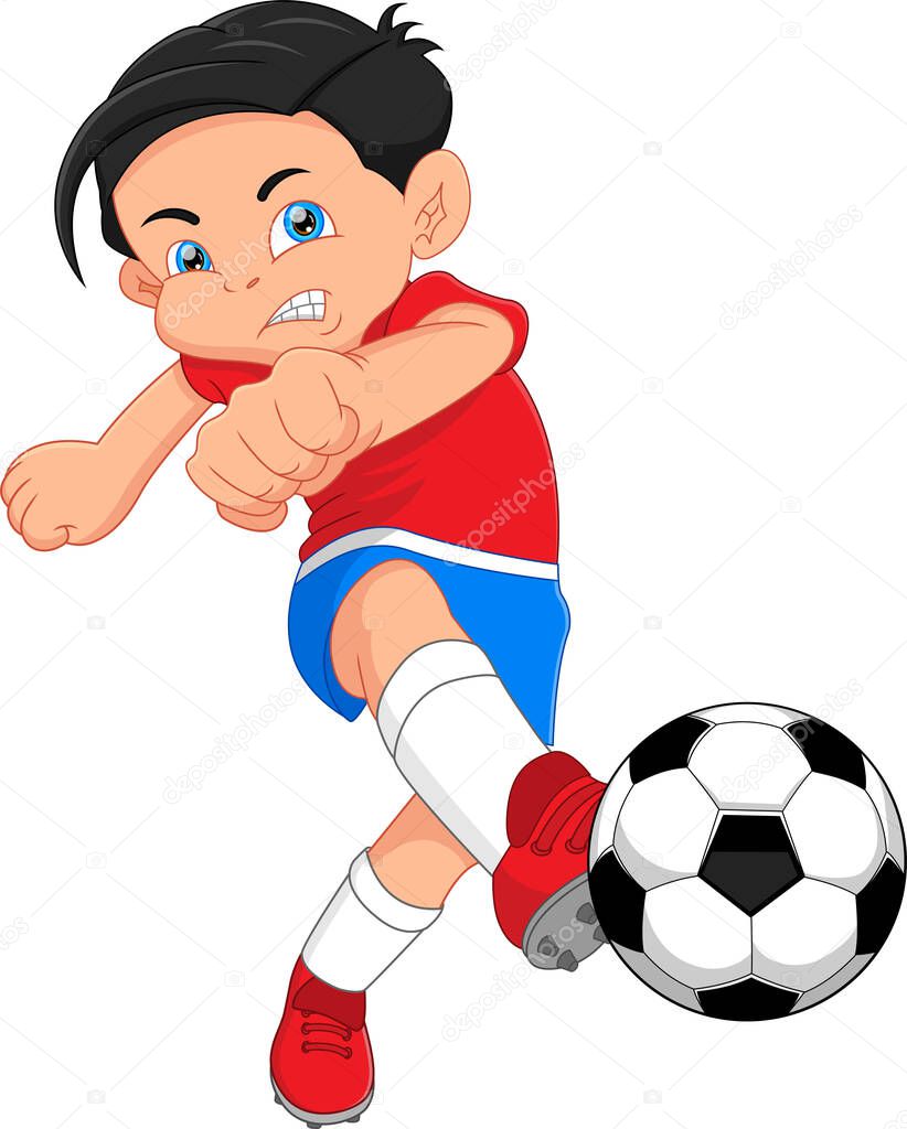 Niño Dibujos Animados Jugando Fútbol Pateando Pelota Vector de Stock de  ©lawangdesign 475669092