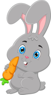 Beyaz arka planda havuç tutan sevimli tavşan çizgi filmi.