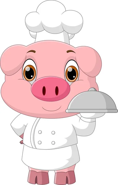 Cartoon Chef Pig Carrying Food Tray — Stock Vector