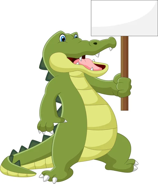 Cartoon Niedliches Krokodil Hält Leeres Zeichen Auf Weißem Hintergrund — Stockvektor