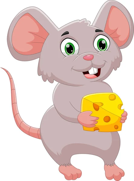 Cartoon Happy Mouse Holding Cheese — Stock Vector