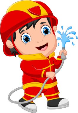 İtfaiyeci kostümü giyen çizgi film çocuğu.