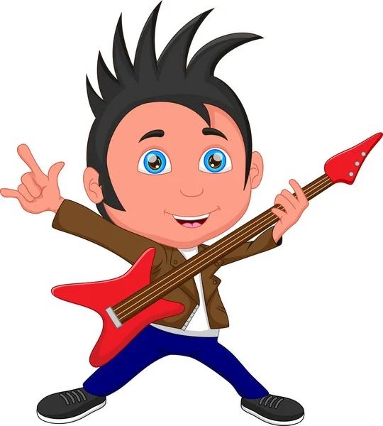 Cartoon Kleiner Junge Spielt Gitarre — Stockvektor