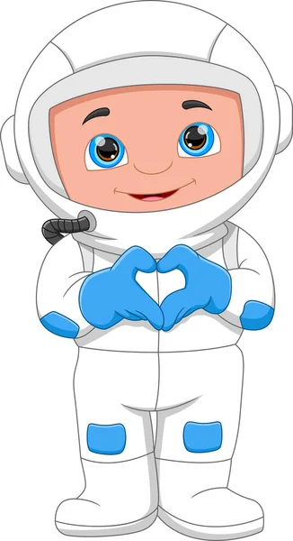 Malý Chlapec Kostýmu Astronauta Pózováním Prstem Srdce — Stockový vektor
