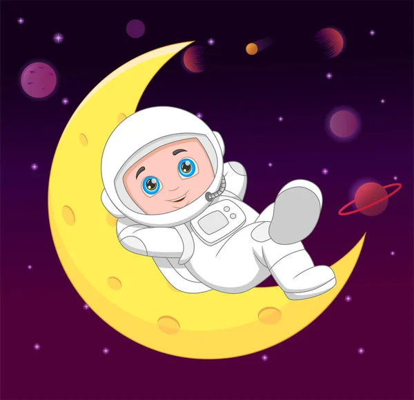 Cartone Animato Giovane Astronauta Sulla Luna Crescente — Vettoriale Stock