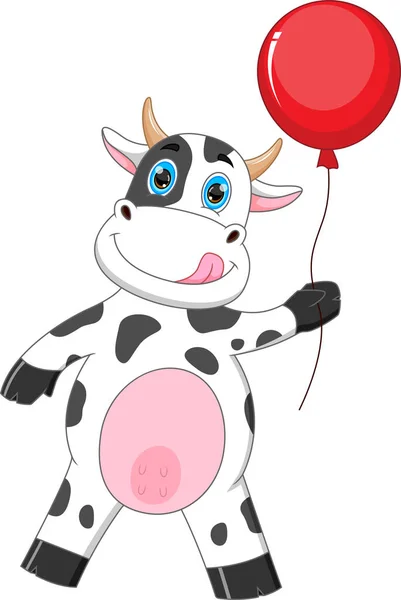 Cartoon Cute Baby Cow Holding Balloon — Stock Vector