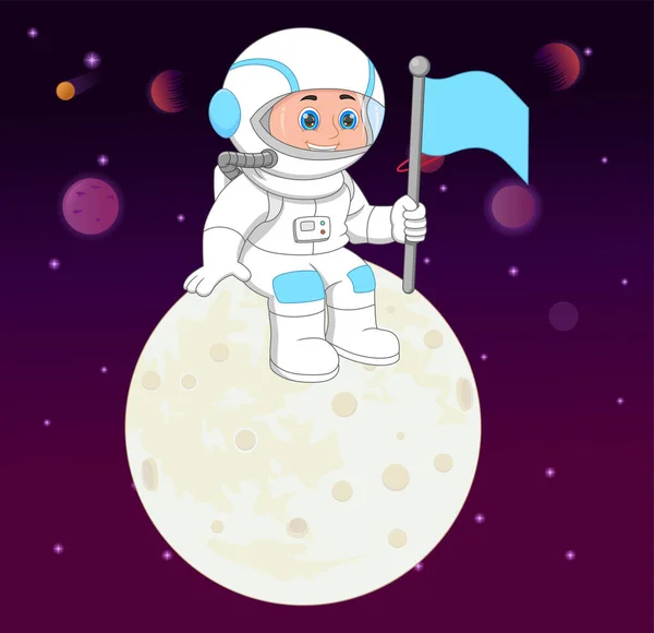 Giovane Astronauta Sulla Luna Con Una Bandiera Mano — Vettoriale Stock