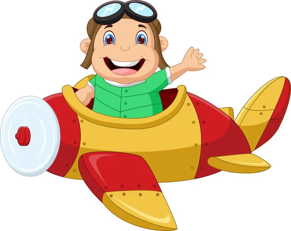 Cartoon Jongen Rijden Een Vliegtuig Zwaaien — Stockvector