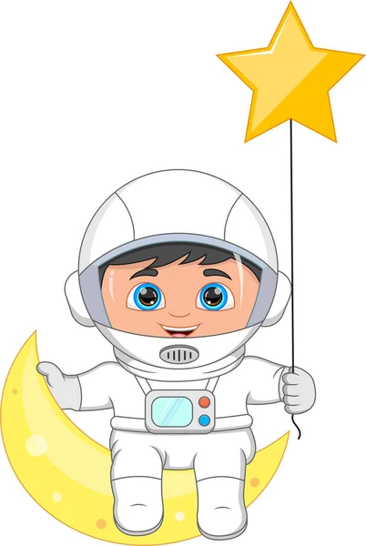 Young Astronaut Sitting Crescent Moon Holding Star — Stock Vector