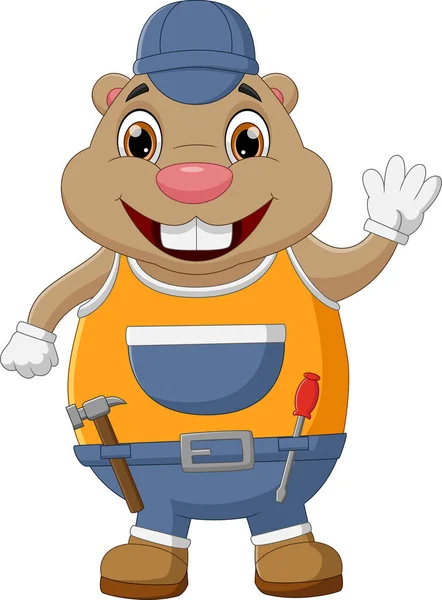 Beaver Worker Posing Cartoon White Background — Stock Vector