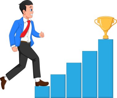 İş adamı başarı basamaklarını tırmanır. İşadamı altın kupayı kazanmak istiyor.