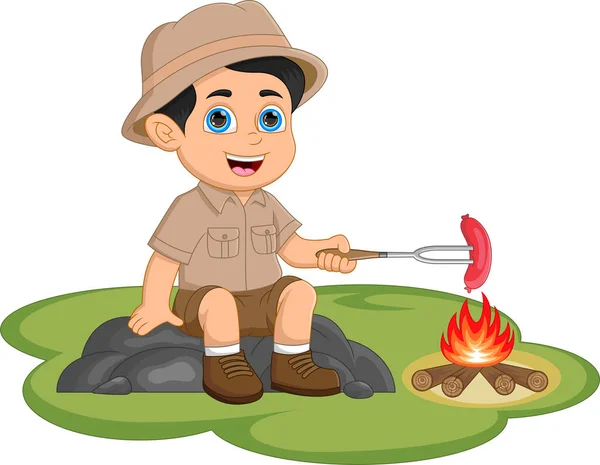 Boy Scouts Griller Des Saucisses Pendant Camping — Image vectorielle