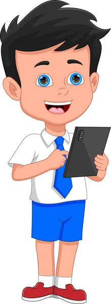 School Boy Holding Phone Tablet — Stock Vector