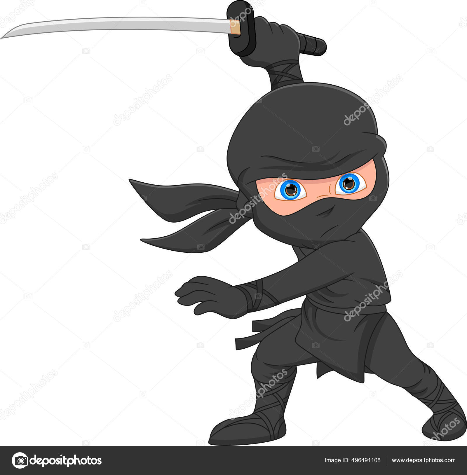 Bonito samurai ninja com personagem de desenho animado de espada