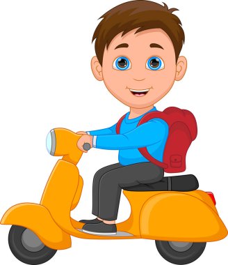 Beyaz arka planda scooter süren okul çocuğu.