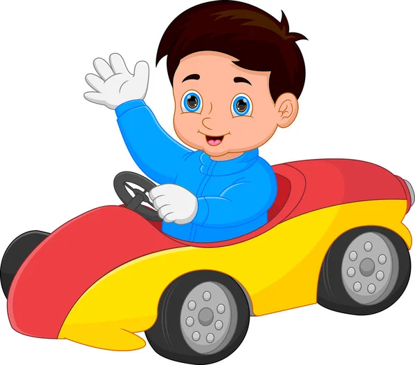 Lustiger Kleiner Junge Fährt Spielzeugauto Und Winkt — Stockvektor