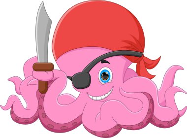 Korsan kostümü giymiş ve elinde kılıç tutan sevimli ahtapot.