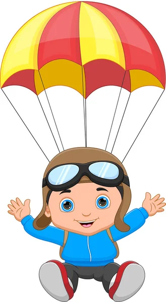 Cartoon Gelukkig Jongen Parachutespringen Witte Achtergrond — Stockvector