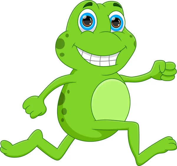 在白色背景上奔跑的卡通滑稽青蛙 — 图库矢量图片