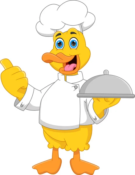 Dibujos Animados Chef Pato Llevando Bandeja Comida Dando Pulgares Hacia — Vector de stock