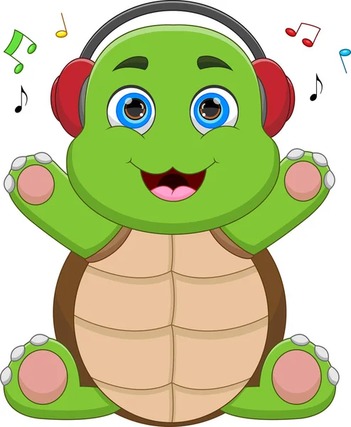 Cartoon Grappige Schildpad Luisteren Naar Muziek — Stockvector