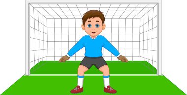 Çocuk kaleci olarak futbol oynuyor.