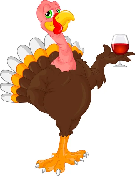 Lindo pavo pájaro dibujos animados celebración de vino — Vector de stock