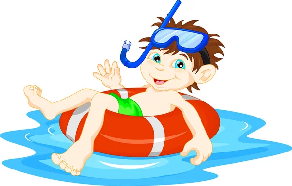 Petit garçon plongeur avec bouée de sauvetage agitant — Image vectorielle