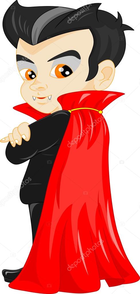 Funny cartoon little vampire, boy wearing Halloween costume