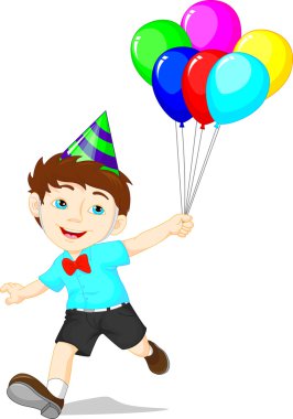 Çizgi film çocuk elinde renkli balonlar grup ile