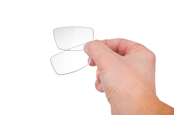 Brýlové Čočky Ruce Muže Bílém Pozadí Stock Snímky