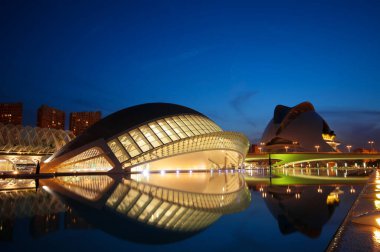 Valencia; İspanya - 28 Haziran 2019: Santiago Calatrava tarafından tasarlanan Gece Sanat ve Bilim Şehri