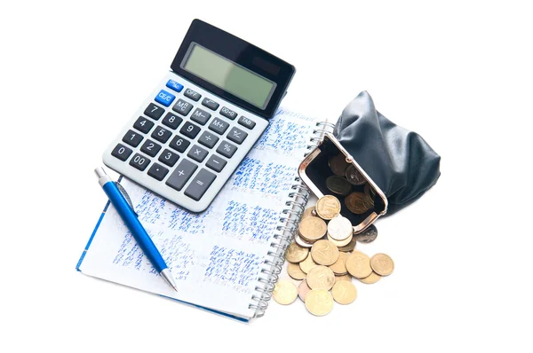 Koncepcja biznesowa. Kalkulator, notatnik, portfel, pióro i monety na w — Zdjęcie stockowe