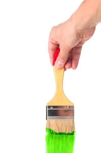 Man hand coloring paint green with paintbrush — Stock Photo, Image