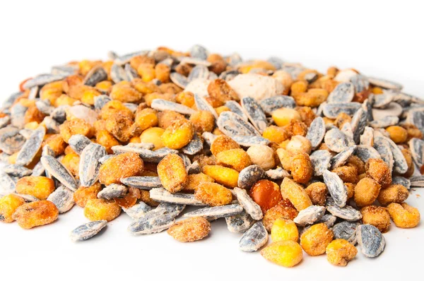 Sunflower seeds and corn grains closeup — Stock Photo, Image