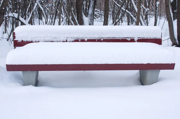 Banc rouge dans la forêt d'hiver — Photo