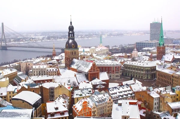 Panorama of Riga downtown with big cable bridge over Daugava riv — Stock Photo, Image