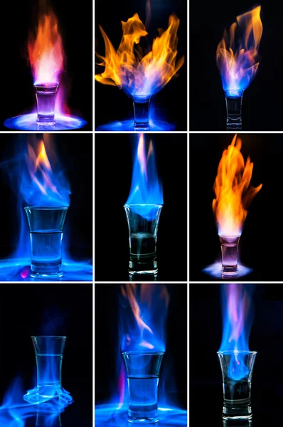 Set van beelden flaming alcohol drinken — Stockfoto