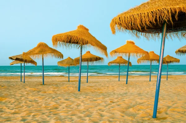 Reed umbrellas on the beach — Stock Photo, Image