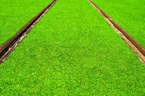 Trilho ferroviário com grama — Fotografia de Stock