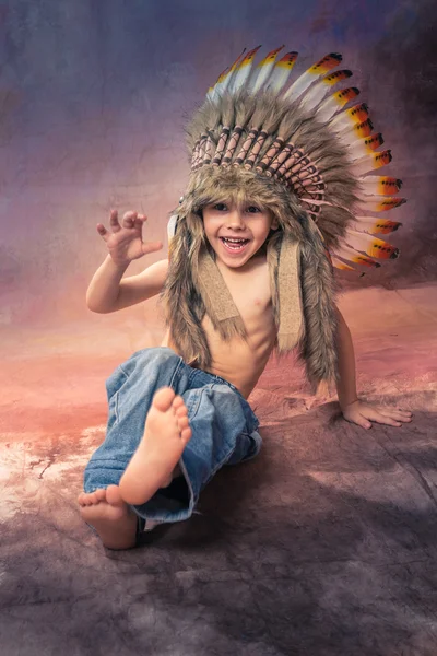 Boy Laughs Loudly Crown American Indians — Stock Photo, Image