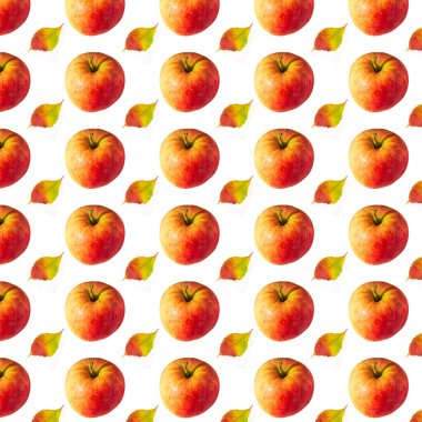 Kırmızı elma ve yaprağın yaratıcı arka planı. Soyut arkaplan. Beyaz zemin üzerinde yalıtılmış olgun elmalar kusursuz desenler değil