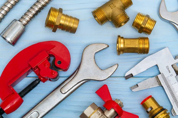 Set Tools Spare Parts Plumbers Placed Blue Boards — Stock Photo, Image