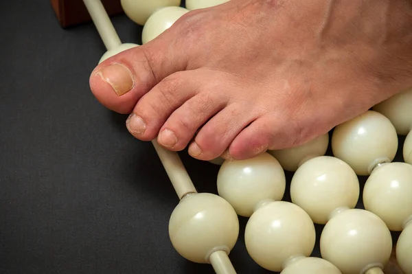 Foot Elderly Woman Roller Massager Closeup Foot Massage Concept Wellness — Stock Photo, Image