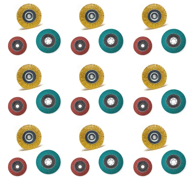 Abrasive Discs Tools seamless pattern isolated on white background. Collection of industrial seamless patterns. Tools for the master builder on a white background