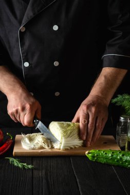 Şefin elleri salata için taze Çin lahanası ve sebze kesiyor. Lokanta ya da kafe için aşçılık ve konsept